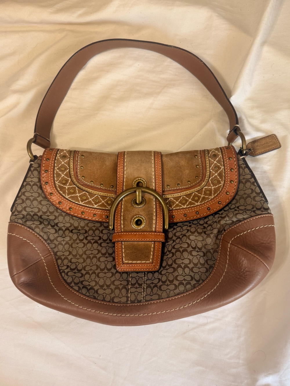 Coach Brown Soho Signature Canvas & Studded Suede Leather Buckle Shoulder Bag